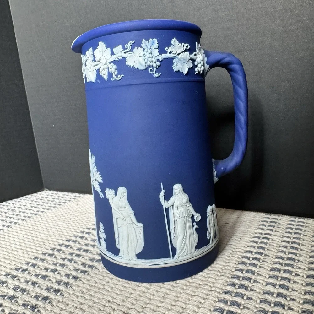 Vintage Wedgwood Dark Blue Jasperware Water Pitcher 7 3/8